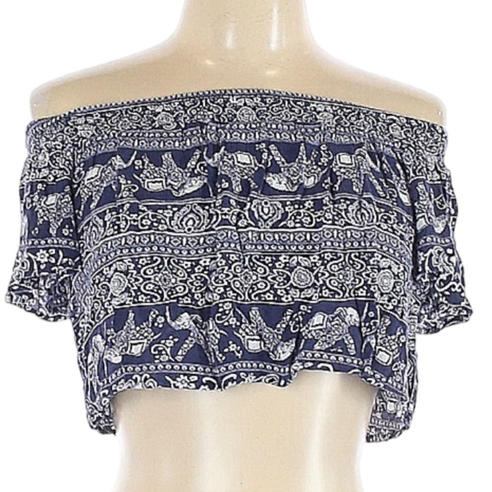 NEW Sequin Hearts Blue & White Elephant Print Crop Top Off the Shoulder Small S